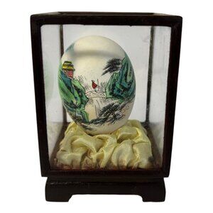 Vintage Hand-Painted Chinese Scenic Egg in Glass Wood Display Case